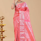 Dark Coral Pink Kanjivaram Saree With Floral Design