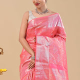 Dark Coral Pink Kanjivaram Saree With Floral Design