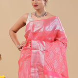 Dark Coral Pink Kanjivaram Saree With Floral Design