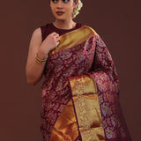 Dark Sienna Kanjivaram Silk Saree With Floral And Leaf Design