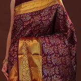 Dark Sienna Kanjivaram Silk Saree With Floral And Leaf Design