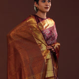 Dark Sienna Kanjivaram Silk Saree With Floral And Leaf Design