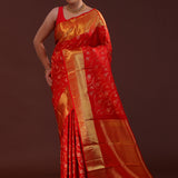 Bright Red Kanjivaram Silk Saree With Floral Jaal