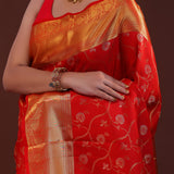 Bright Red Kanjivaram Silk Saree With Floral Jaal