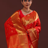 Bright Red Kanjivaram Silk Saree With Floral Jaal
