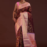 Wine Berry Kanjivaram Silk Saree With Contrast Pink Border