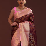 Wine Berry Kanjivaram Silk Saree With Contrast Pink Border