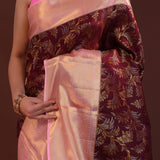 Wine Berry Kanjivaram Silk Saree With Contrast Pink Border