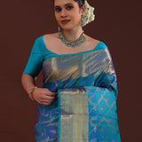 Sky Blue Kanjivaram Silk Saree With Floral Design