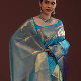 Sky Blue Kanjivaram Silk Saree With Floral Design