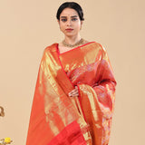 Orange Kanjivaram Saree With Khadi Border