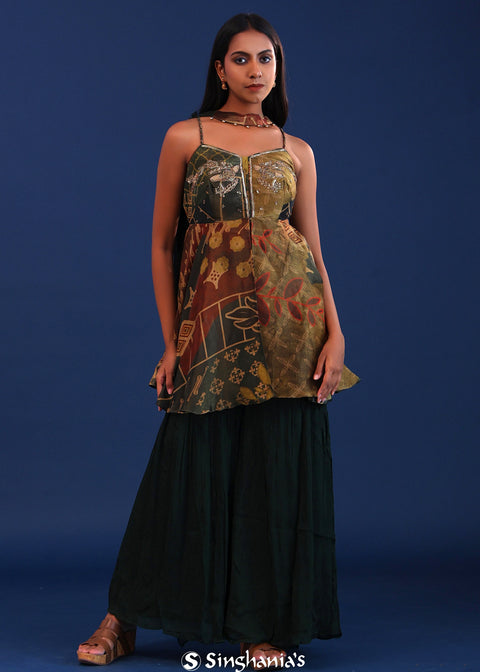 <img> Dark Forest Green Crepe Silk And Organza Sharara Set