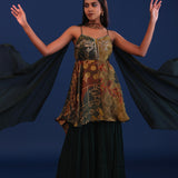 Dark Forest Green Crepe Silk And Organza Sharara Set