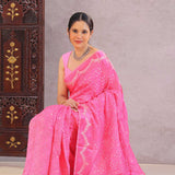 Creamy Pink Silk Bandhani Saree