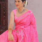 Creamy Pink Silk Bandhani Saree