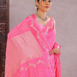 Creamy Pink Silk Bandhani Saree