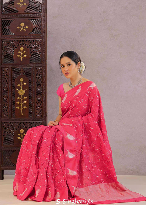 <img> Raspberry Pink Silk Bandhani Saree