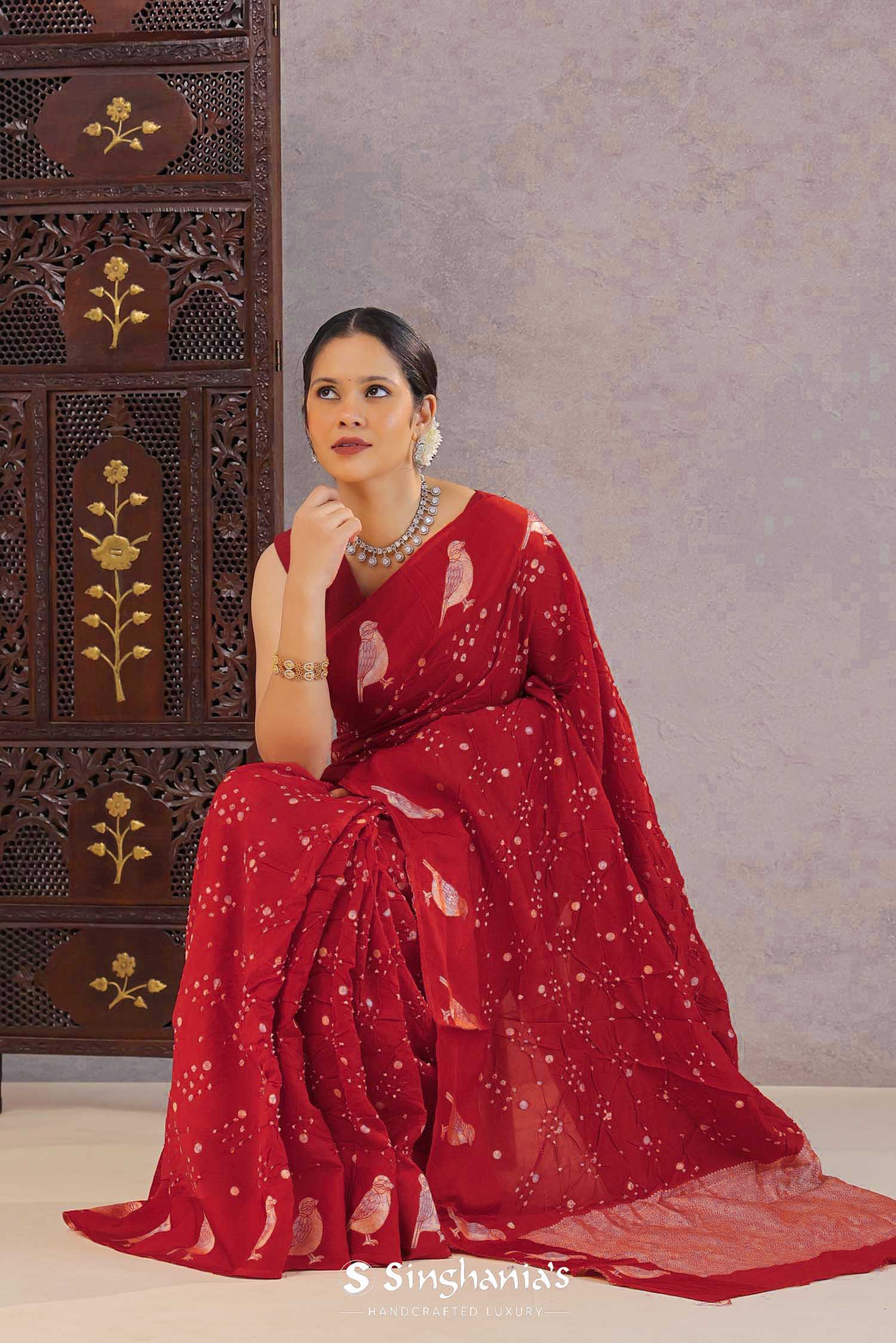 Saffron Red Silk Bandhani Saree