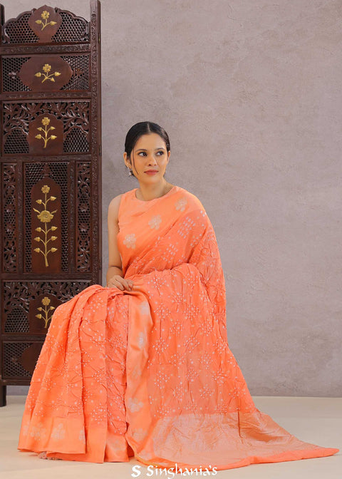 <img> Coral Orange Bandhani Silk Saree