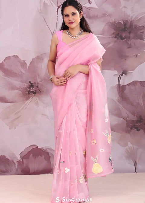 <img> Pink Organza Saree With Embroidery Work