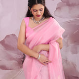 Pink Organza Saree With Embroidery Work