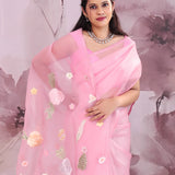Pink Organza Saree With Embroidery Work