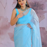 Sky Blue Organza Saree With Embroidery Work