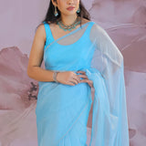 Sky Blue Organza Saree With Embroidery Work
