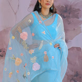 Sky Blue Organza Saree With Embroidery Work