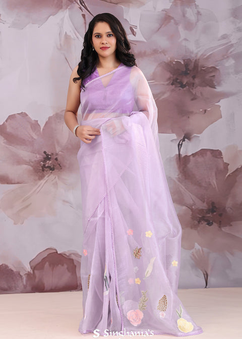 <img> Pale Violet Orange Saree With Embroidery Work