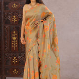 Light Taupe Brown Banarasi Saree With Scallop Border
