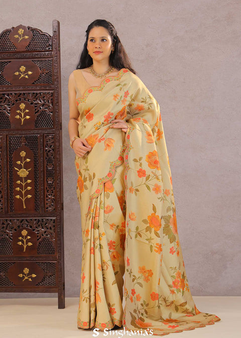<img> Buttercream Beige Banarasi Saree With Scallop Border