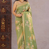 Finch Green Tissue Banarasi Saree With Floral Design