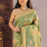 Finch Green Tissue Banarasi Saree With Floral Design