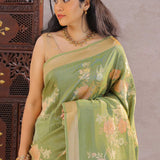 Finch Green Tissue Banarasi Saree With Floral Design