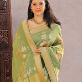 Finch Green Tissue Banarasi Saree With Floral Design