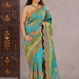 Dark Turquoise Banarasi Saree With Scallop Border