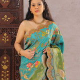 Dark Turquoise Banarasi Saree With Scallop Border