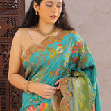 Dark Turquoise Banarasi Saree With Scallop Border