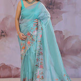 Electric Blue Tissue Saree With Embroidery Work
