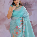 Electric Blue Tissue Saree With Embroidery Work
