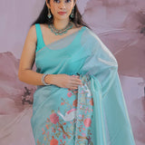 Electric Blue Tissue Saree With Embroidery Work