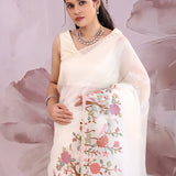 White Tissue Saree With Embroidery Work