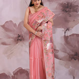 Shimmering Blush Pink Tissue Saree With Embroidery Work