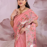 Shimmering Blush Pink Tissue Saree With Embroidery Work