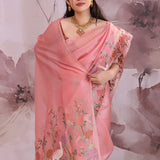Shimmering Blush Pink Tissue Saree With Embroidery Work