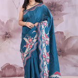 Chathams Blue Tussar Saree With Embroidery Work