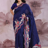 Midnight Blue Organza Saree With Embroidery Work