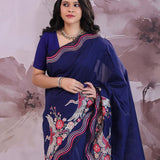 Midnight Blue Organza Saree With Embroidery Work