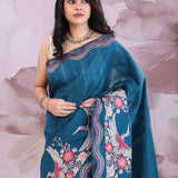 Chathams Blue Tussar Saree With Embroidery Work